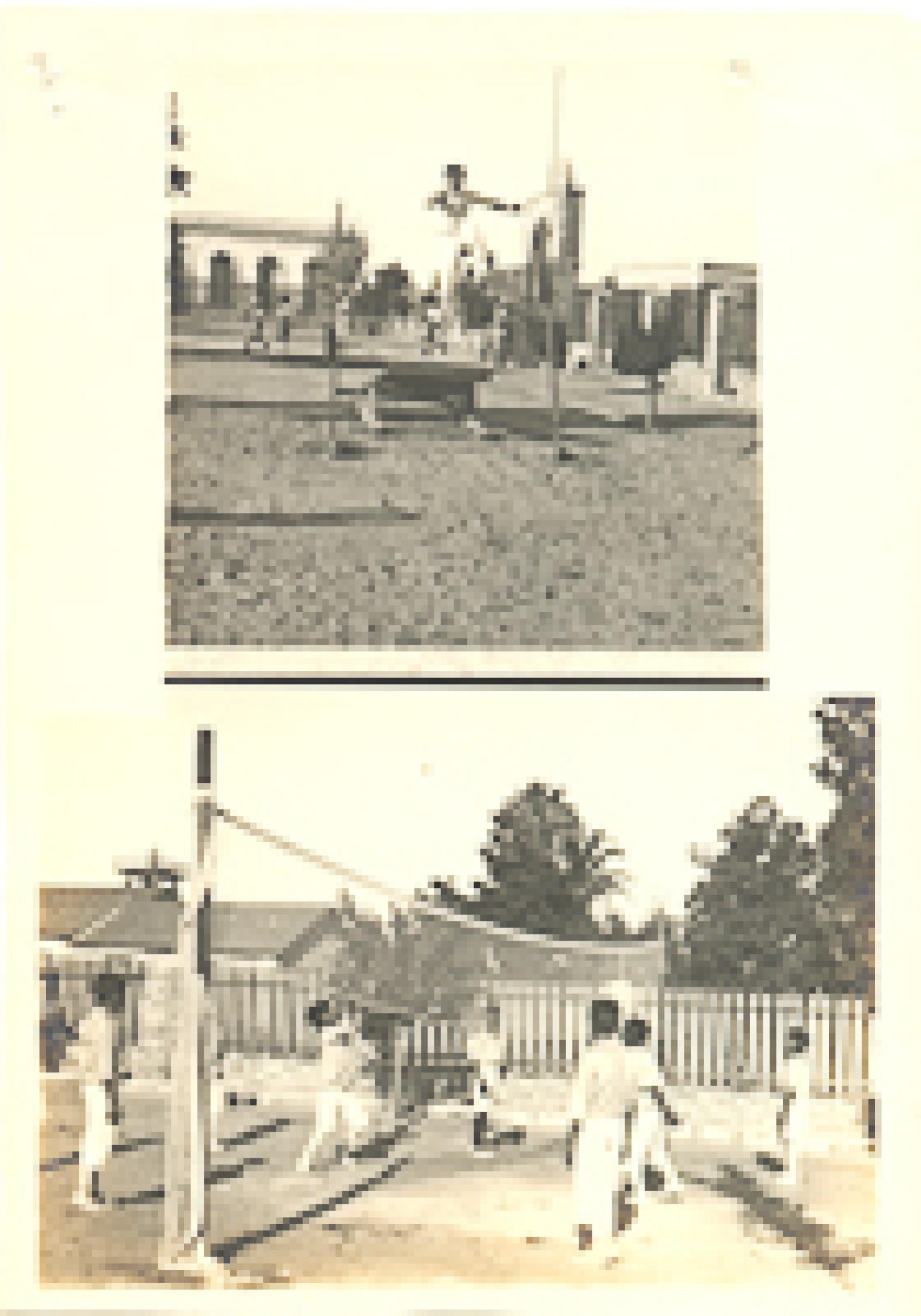 Dos imágenes. Ejercicios de salto de altura y de voleibol durante las fiestas del día de la raza.