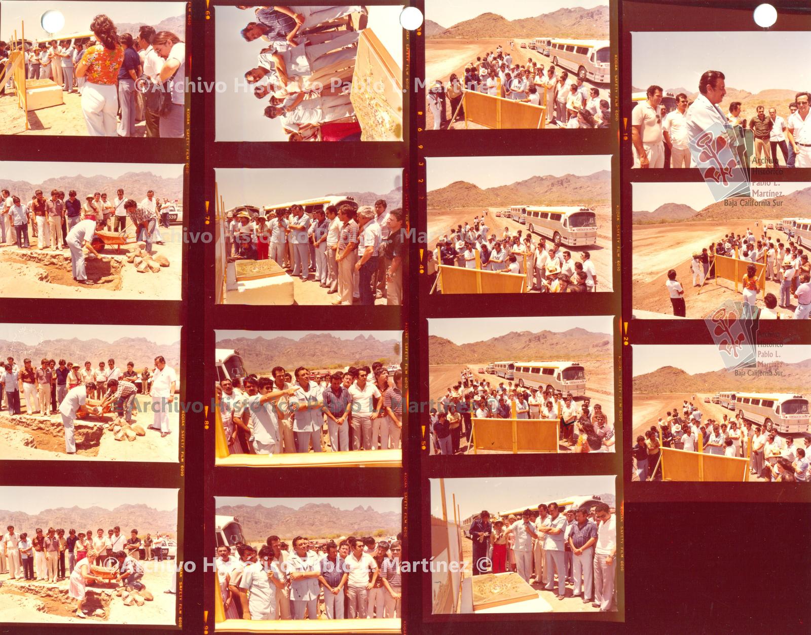 Hoja de contacto con 15 imágenes del gobernador Alberto Andrés Alvarado Arámburo en una ceremonia de colocación de la primera piedra durante una gira por Comodú y Loreto, Baja California Sur.